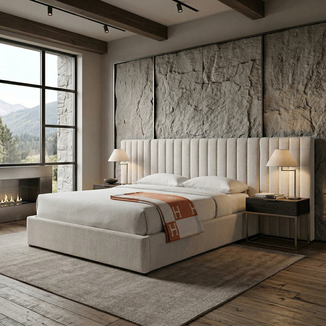 Beige Corsica Queen Bed with upholstered headboard in a stylish bedroom setting, showcasing a comfortable and elegant bed design.