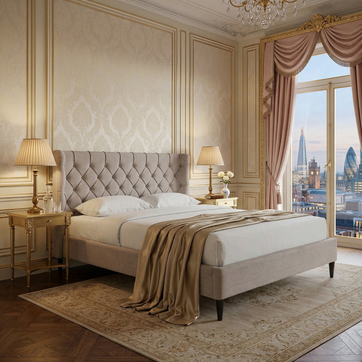 King size Paris Queen Bed Latte in a modern bedroom setting with neutral tones and stylish bedding.