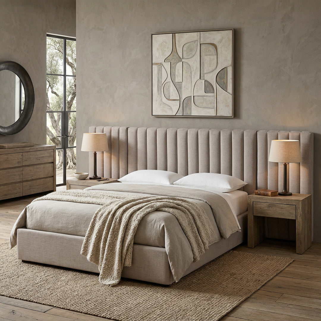 Elegant Corsica King Bed in latte finish with plush headboard in a stylish bedroom setting