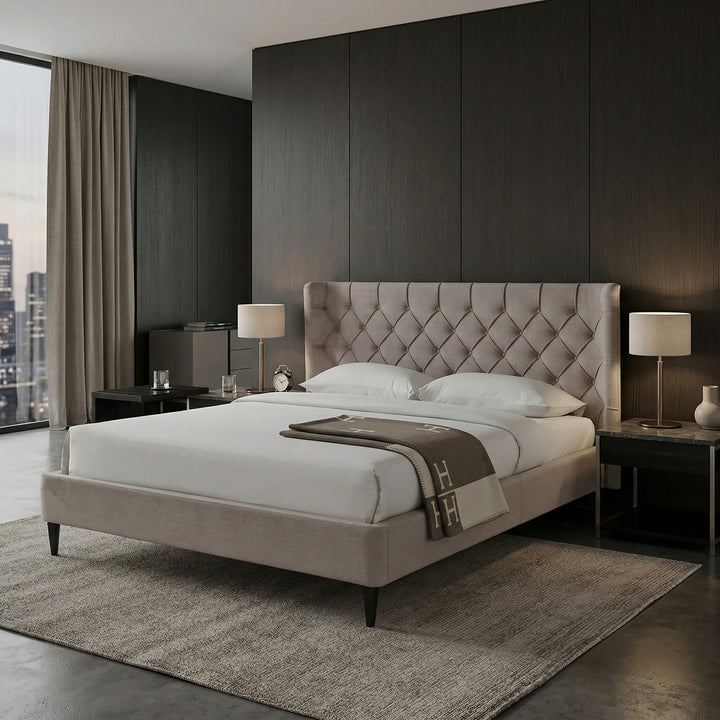 King size Paris King Bed Latte in a bedroom setting with neutral bedding and modern decor, showcasing a stylish and comfortable bed.
