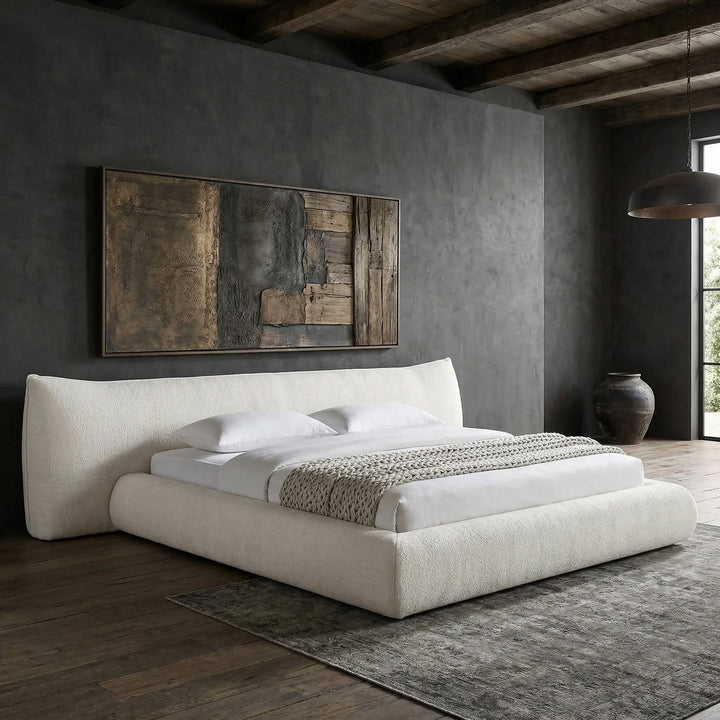 King size beige Queen Bed from Barossa, featuring a modern design with a cushioned headboard and sleek wooden legs.