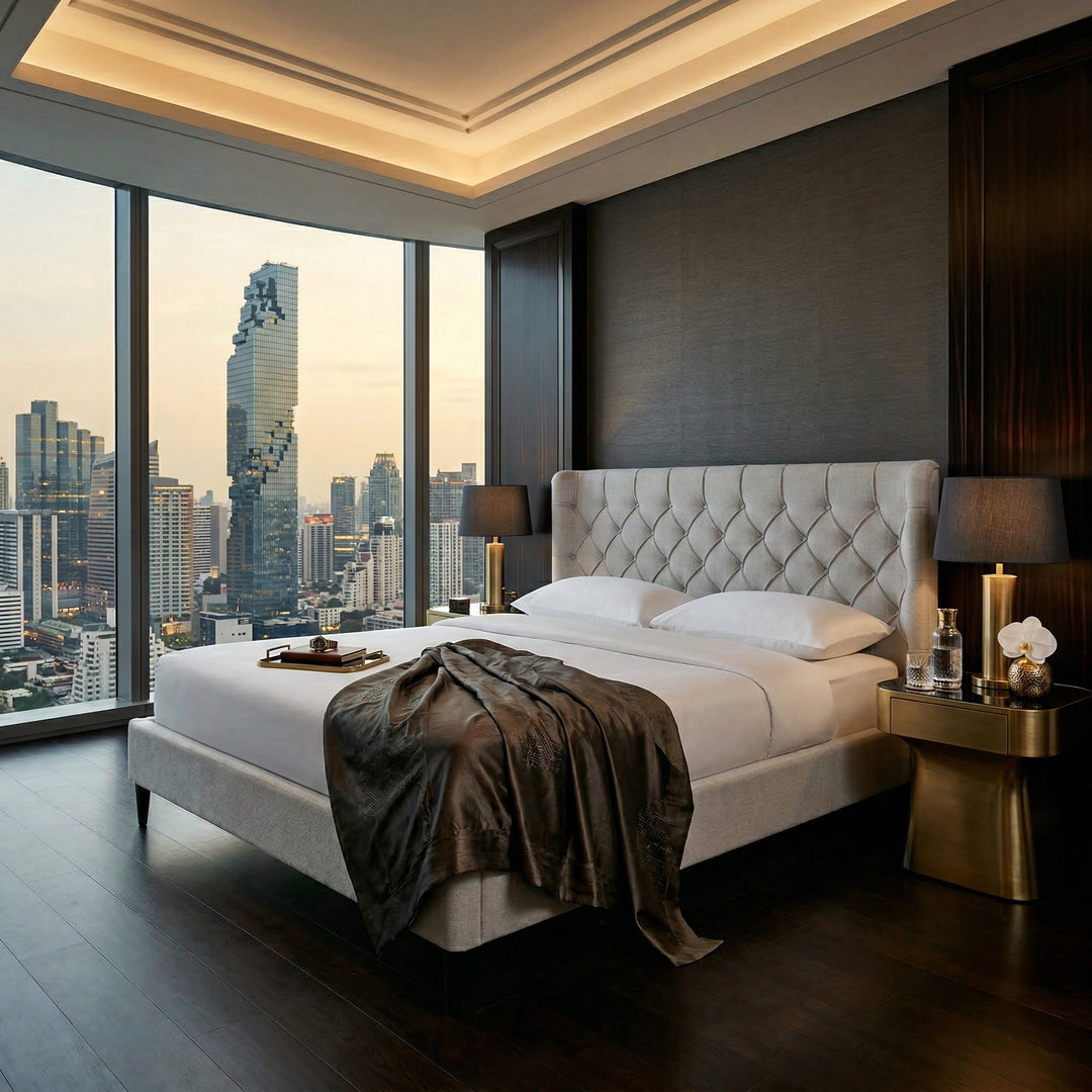 Beige Paris King Bed with upholstered headboard and wooden frame in a modern bedroom setting.