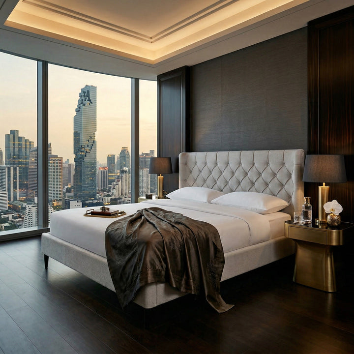 Beige Paris King Bed with upholstered headboard and wooden frame in a modern bedroom setting.