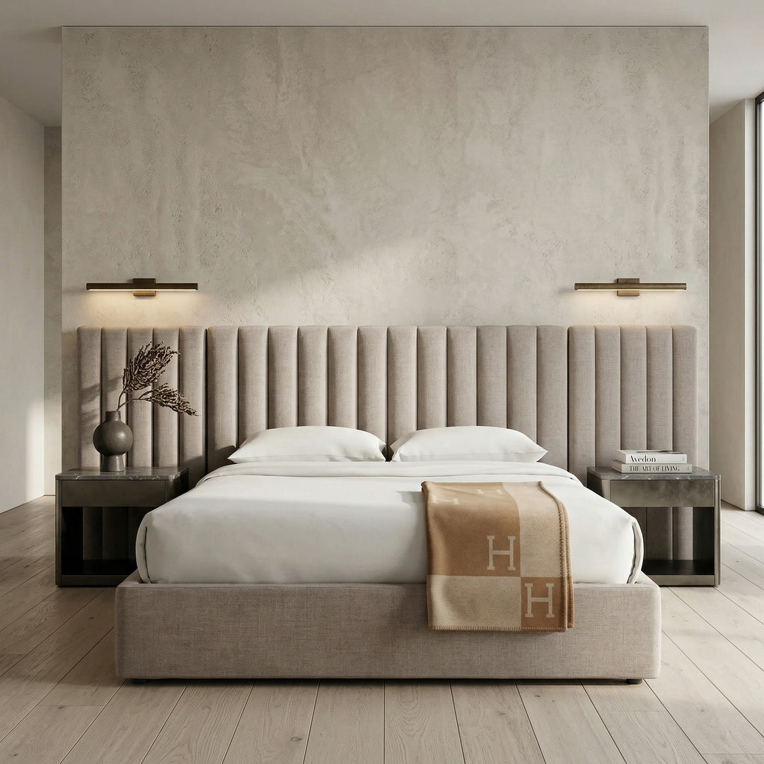 King size Corsica Queen Bed in latte color with a plush headboard, set in a contemporary bedroom with neutral decor.