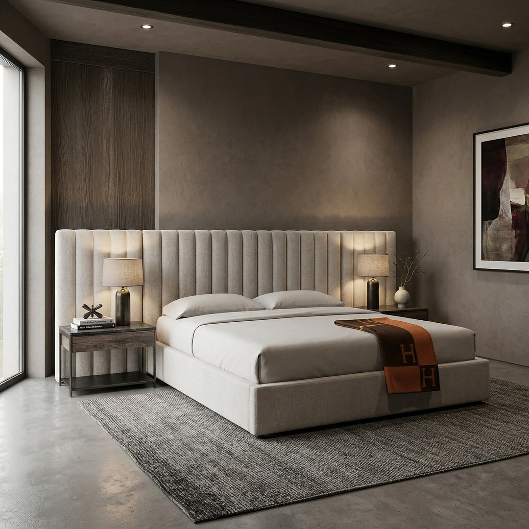 Beige Corsica king bed with padded headboard in a stylish bedroom setting, featuring side tables and cozy decor.