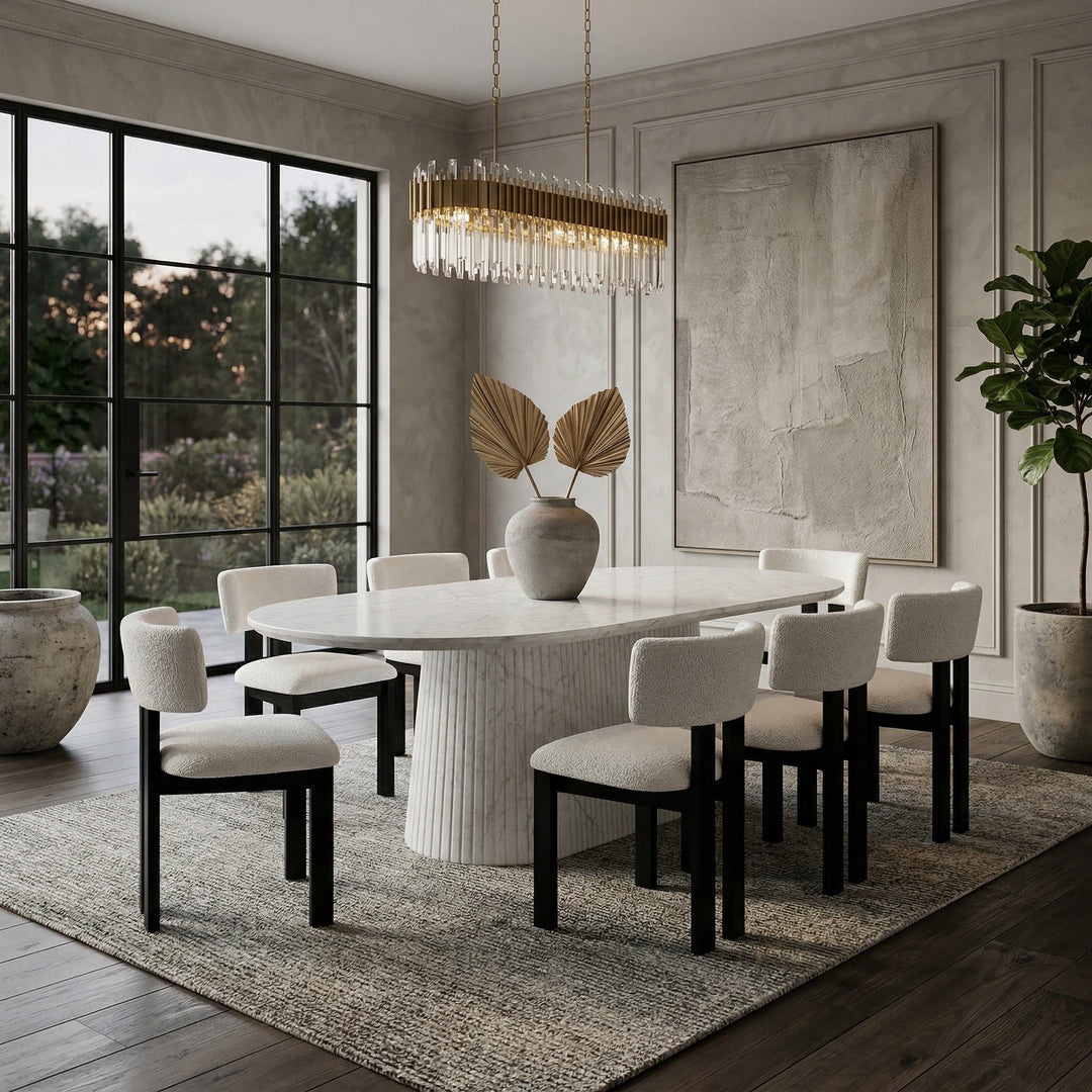 Marble-look dining table with a sleek, modern design, featuring a smooth surface and elegant finish.