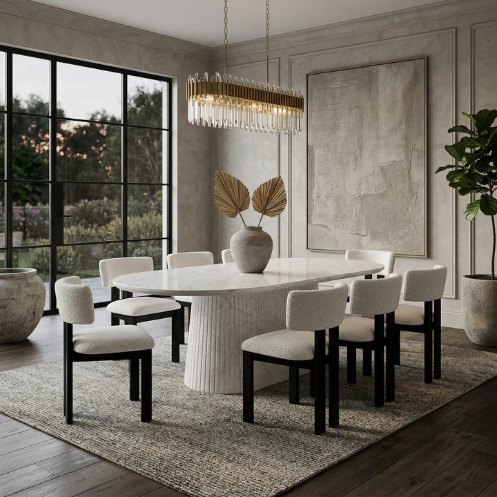 Marble-look dining table with a sleek, modern design, featuring a smooth surface and elegant finish.