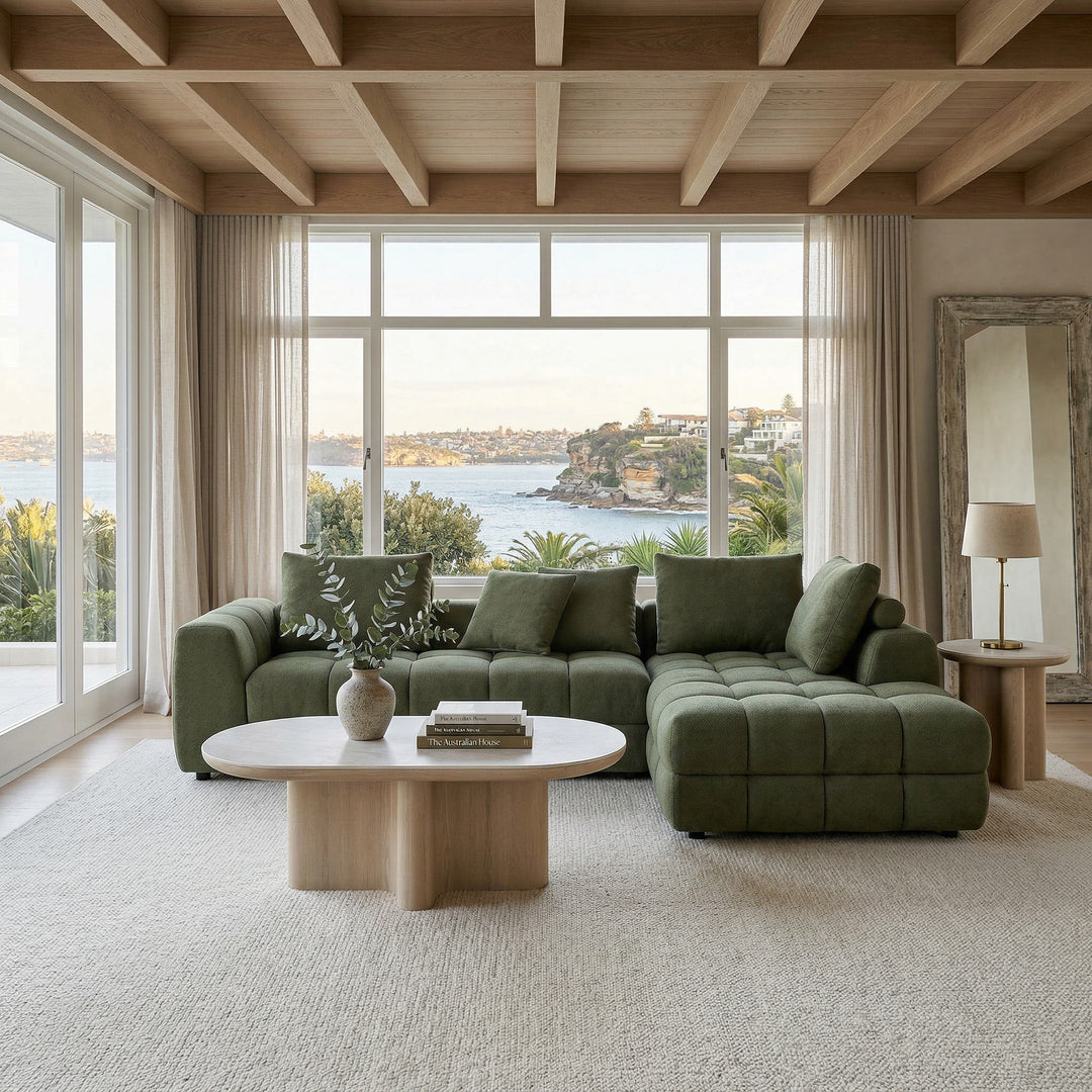 Moss green Cuddly Modular Sofa RHF with plush cushions and sleek design, perfect for modern living rooms.