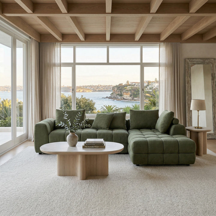 Moss green Cuddly Modular Sofa RHF with plush cushions and sleek design, perfect for modern living rooms.