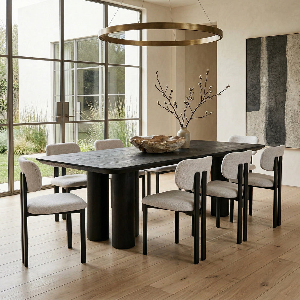 Black oak veneer rectangular dining table, 2.4 meters long, with sleek black finish and modern design for contemporary dining spaces.