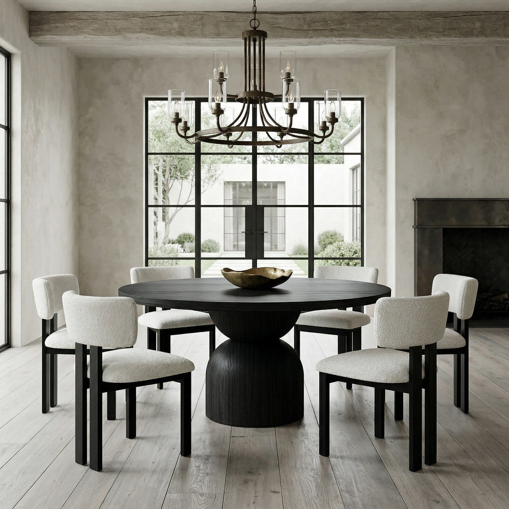 Black Tulip Round Dining Table, 1.6m with oak veneer finish, modern design, shown in a well-lit dining room setting.