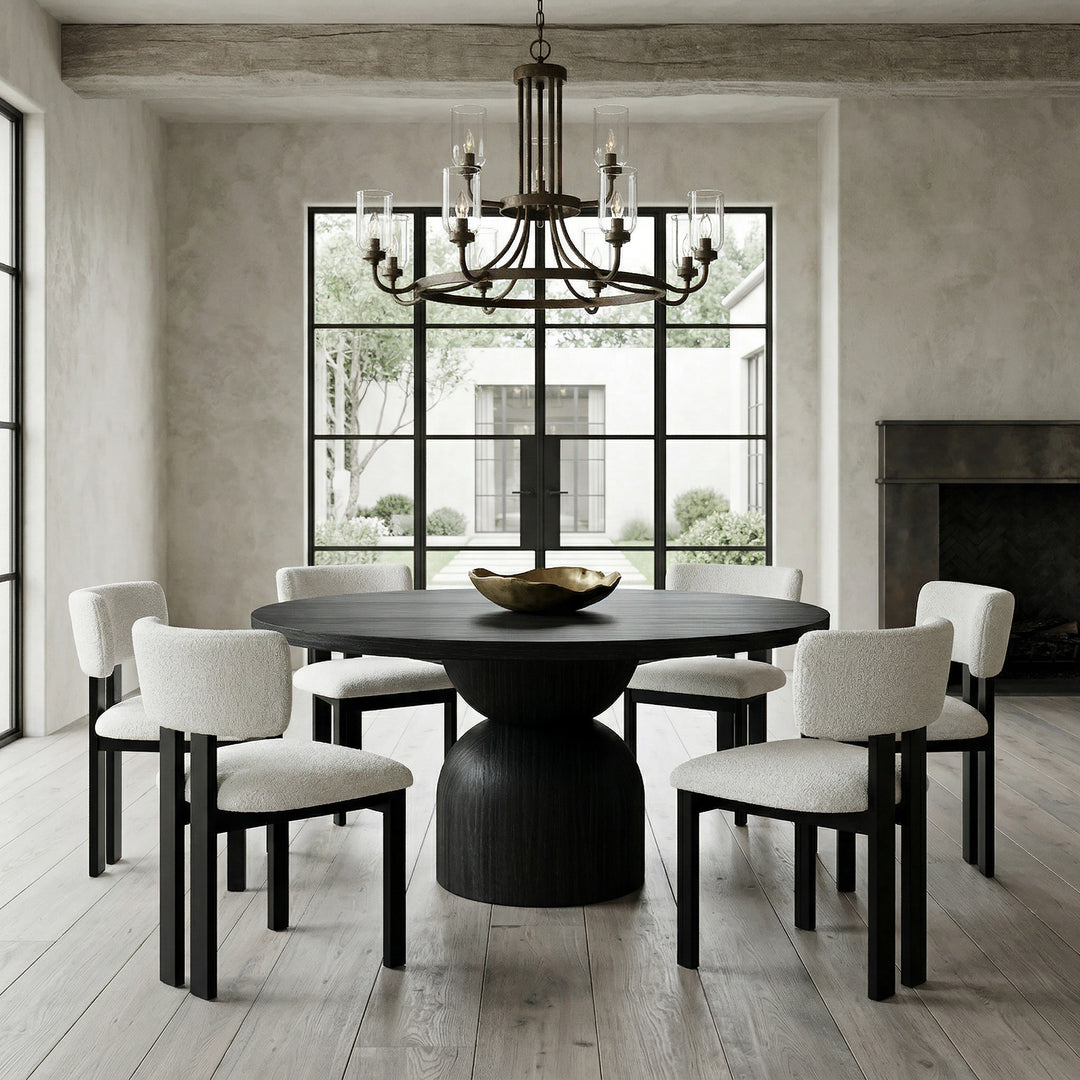 Black Tulip Round Dining Table, 1.6m with oak veneer finish, modern design, shown in a well-lit dining room setting.