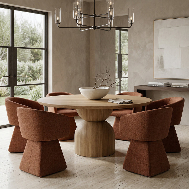 Round oak veneer dining table with a 1.6m diameter, showcasing a smooth surface and sturdy wood construction.