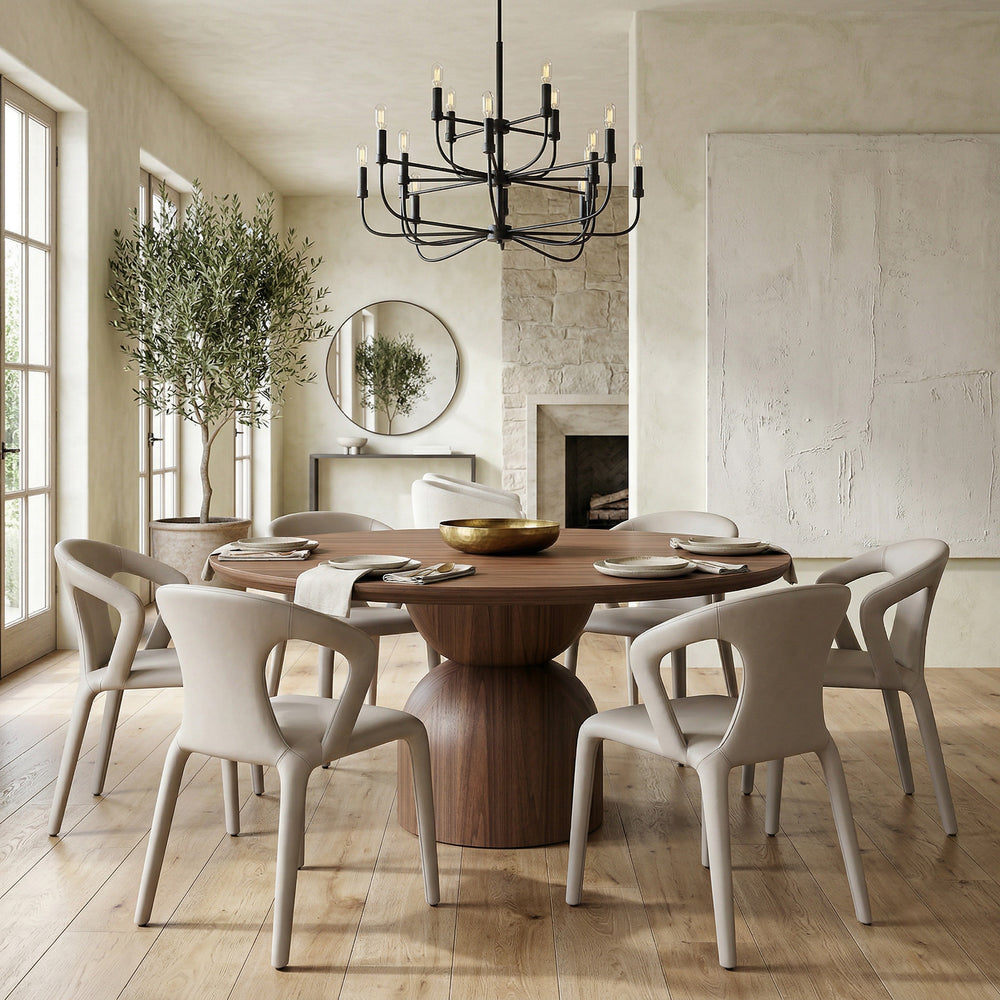 Round walnut dining table with a 1.6m diameter, smooth surface, and sturdy wooden legs, perfect for modern dining spaces.