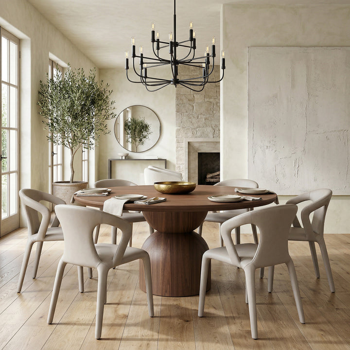 Round walnut dining table with a 1.6m diameter, smooth surface, and sturdy wooden legs, perfect for modern dining spaces.