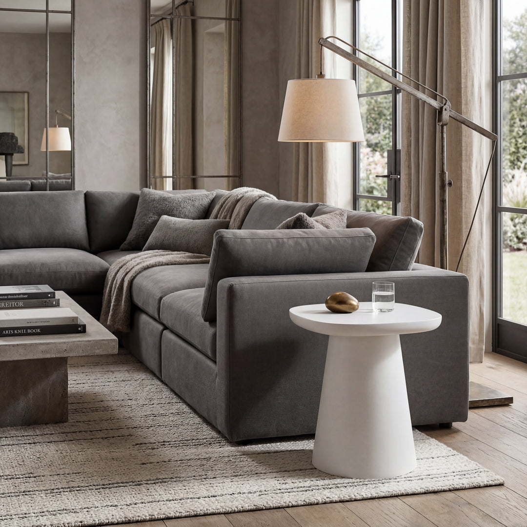 Modern Trieste Side Table with sleek wooden surface and minimalist design, perfect for living room or bedroom decor.