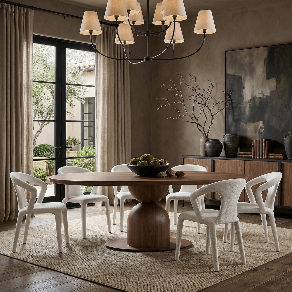 Walnut oval dining table measuring 2.4 meters, featuring a sleek, polished walnut veneer surface for modern dining spaces.