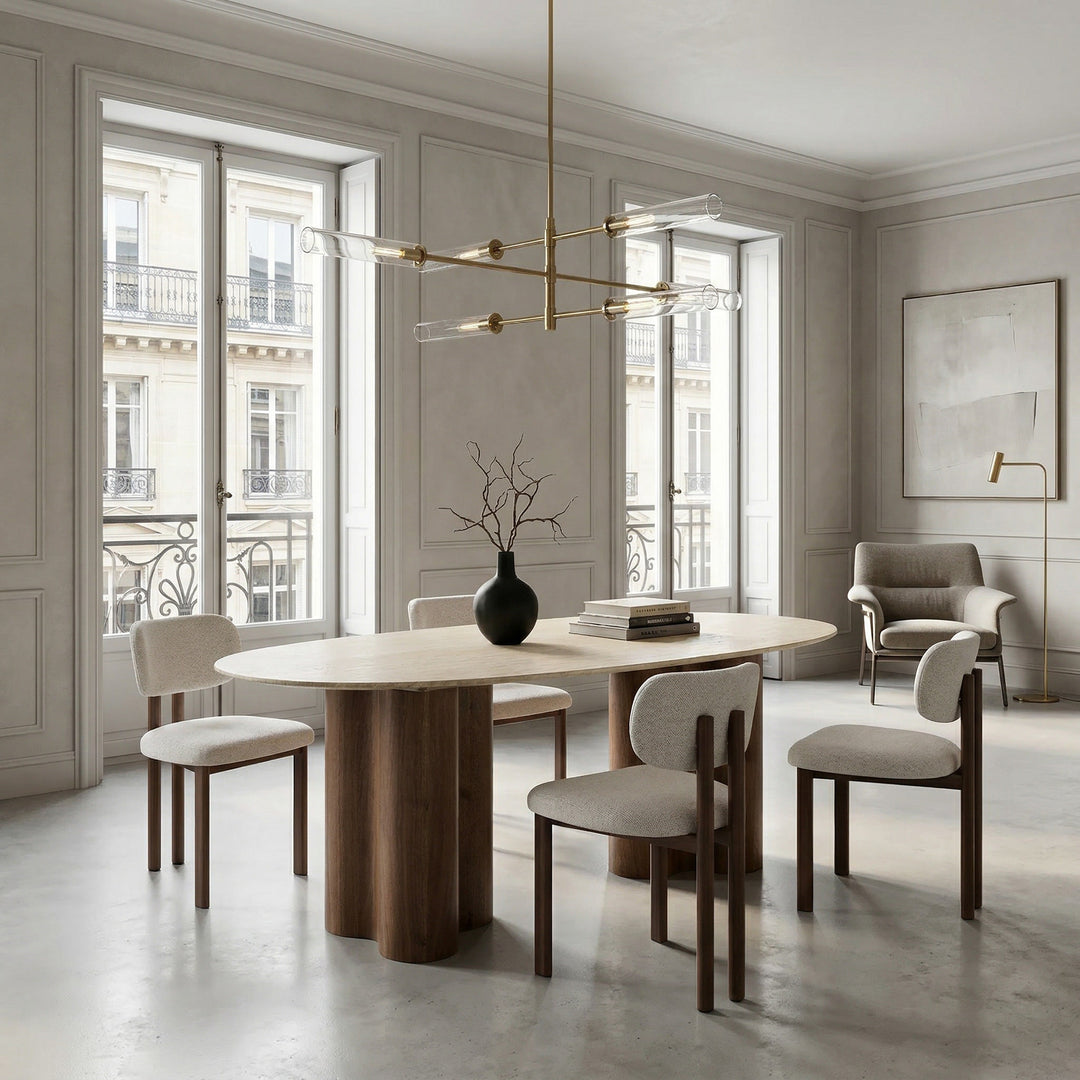 Oval-shaped Palm Springs dining table in natural wood finish, measuring 2.2 meters, designed for elegant dining spaces.