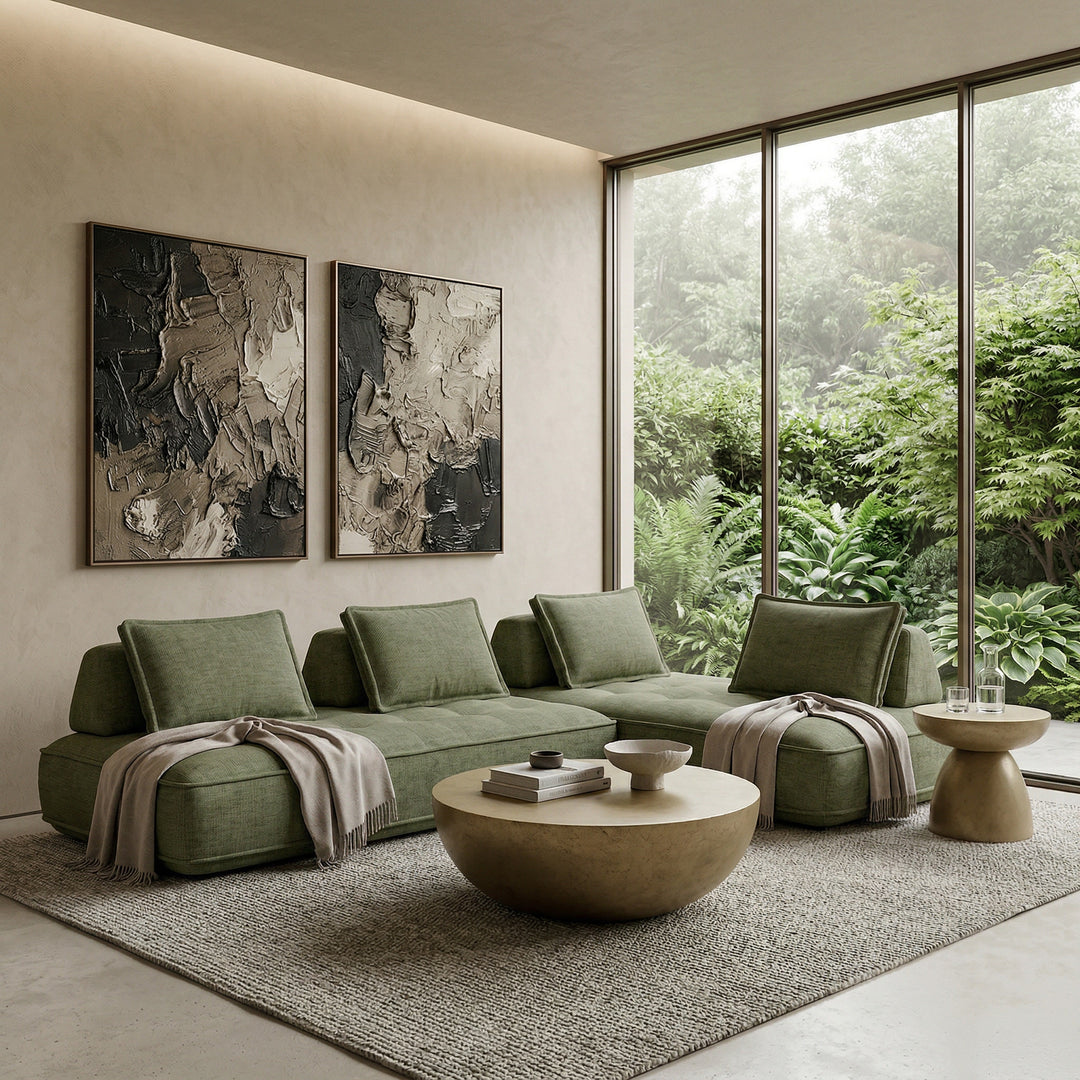 Moss green Cozy Modular Sofa with plush cushions, shown with coffee table and surrounding decor in a modern living room setting.