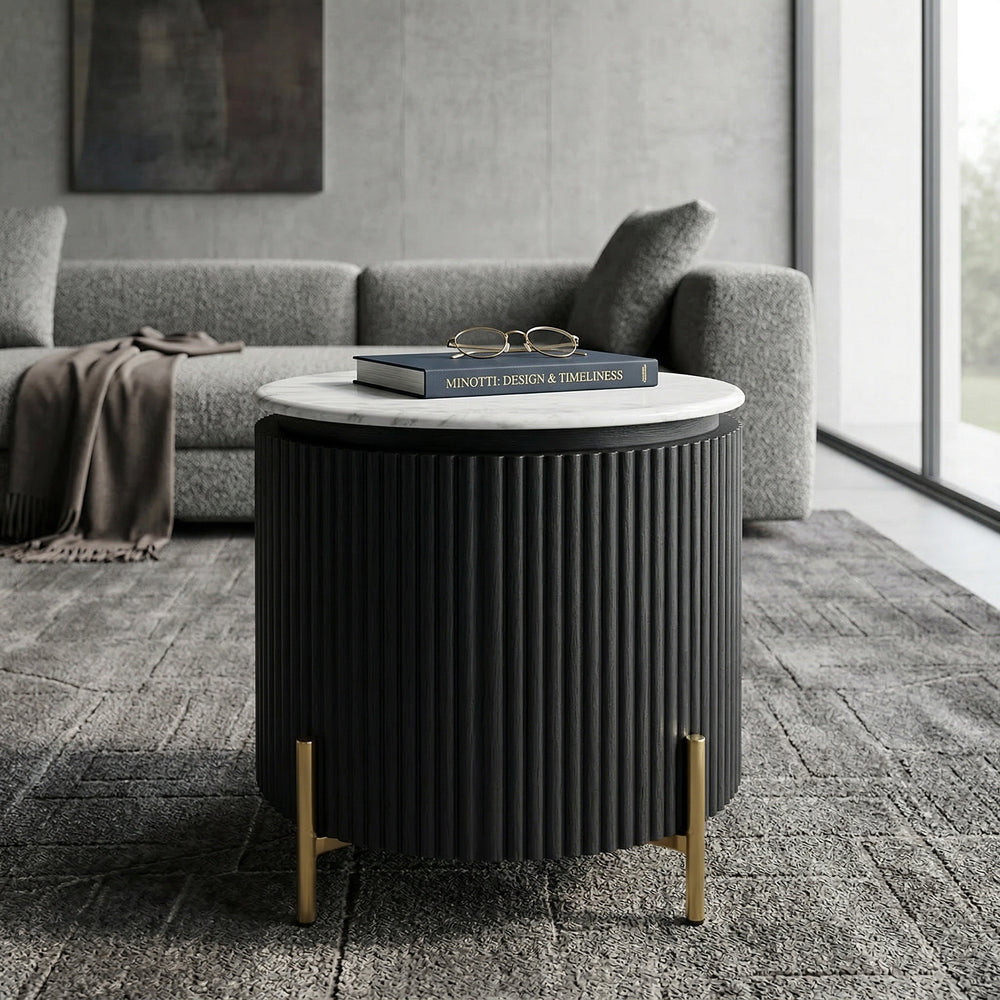 Modern Miami Side Table in natural wood finish, placed beside a sofa in a contemporary living room setting.