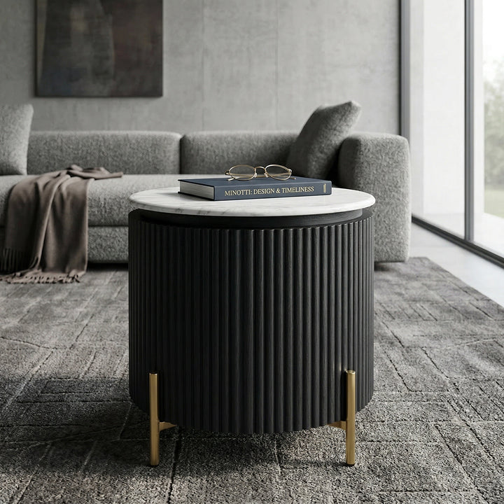 Modern Miami Side Table in natural wood finish, placed beside a sofa in a contemporary living room setting.