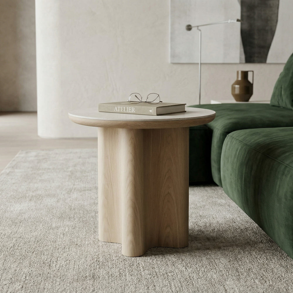 Modern Palisades Side Table in a living room setting, featuring a sleek surface and minimalist design for contemporary home decor.