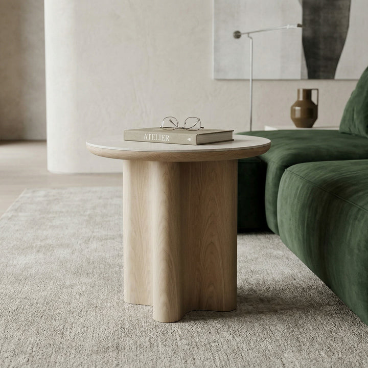 Modern Palisades Side Table in a living room setting, featuring a sleek design and neutral finish, perfect for contemporary decor.