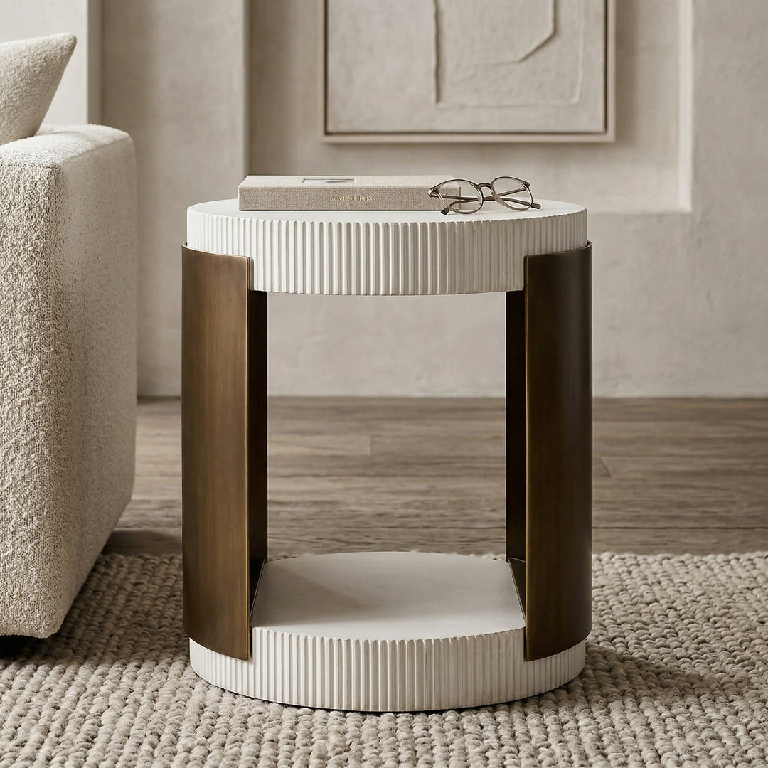Nano banana Luxurio side table in a living room setting, featuring a modern design with a smooth surface and wooden finish.