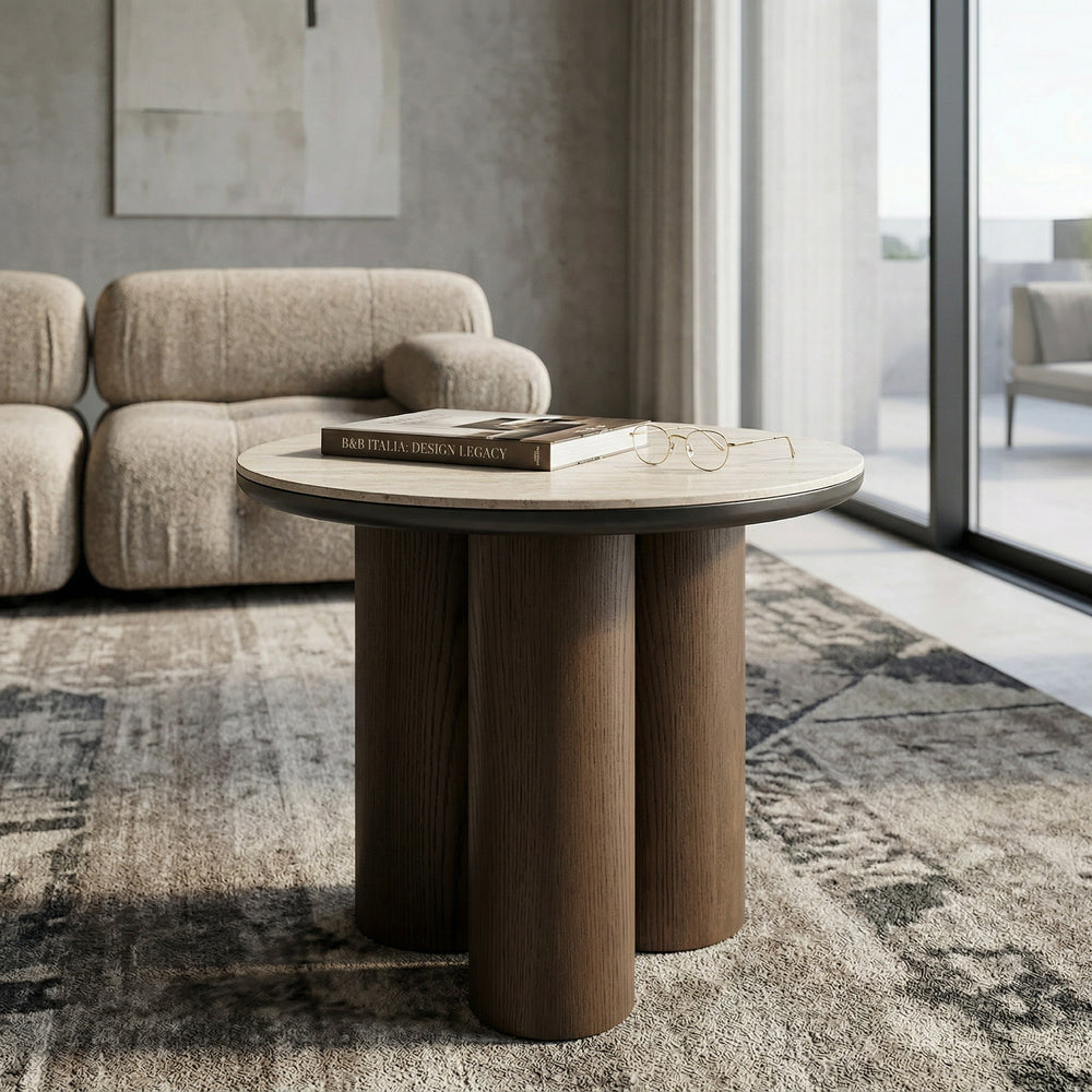 Nano banana-shaped Castello side table in a living room setting, featuring a smooth surface and modern design.