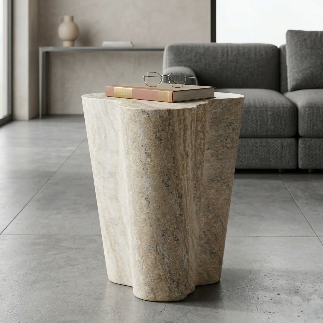 Elegant Wayva side table with travertine finish, featuring a sleek design suitable for modern living room decor.