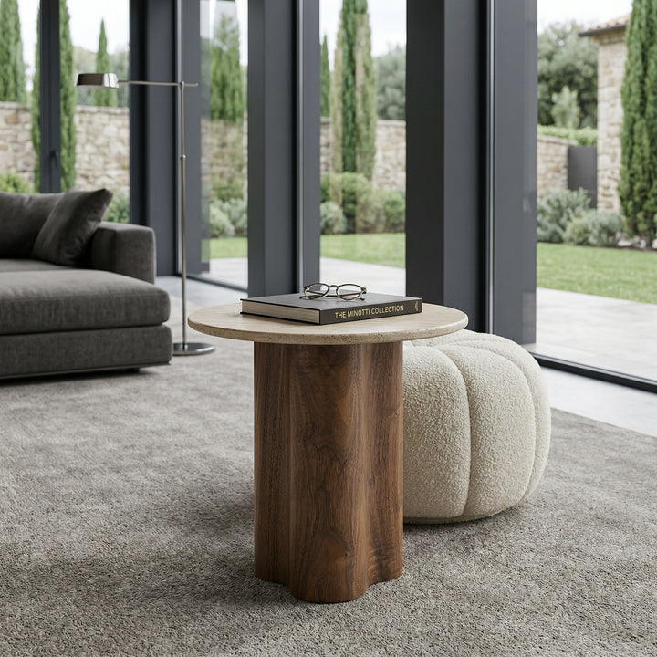 Walnut wood Palm Springs side table with a travertine top, featuring a sleek, modern design for living room or bedroom decor.