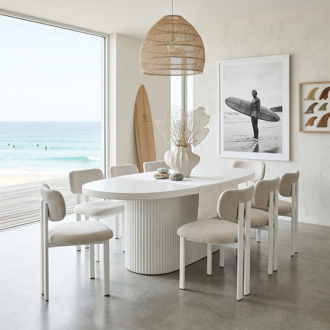 Oval Bondi dining table in white with matching chairs, 2.2 meters long, ideal for modern dining rooms.