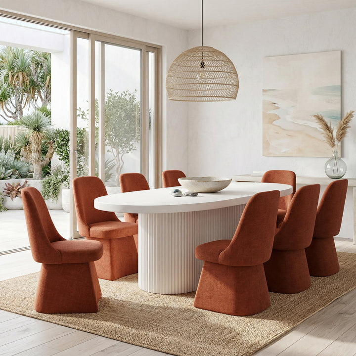 Oval Bondi dining table in white, measuring 2.2 meters, with matching chairs, suitable for modern dining room settings.