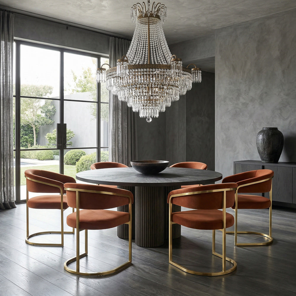 Round fluted dining table, 1.5 meters, with matching chairs, modern wooden design, ideal for dining rooms.