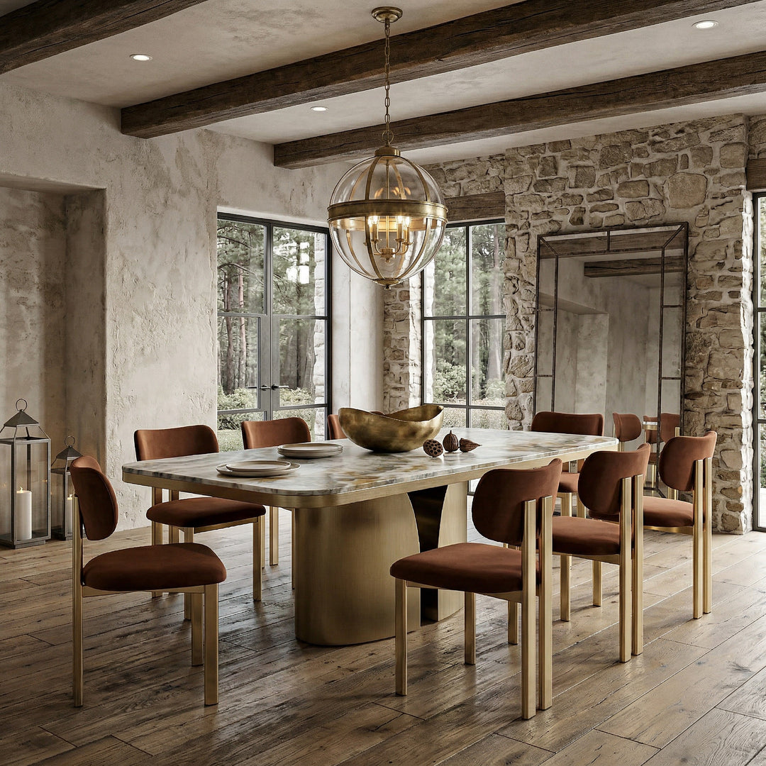 Toffee Claudio dining chair with wooden legs and upholstered seat, shown from a side angle.