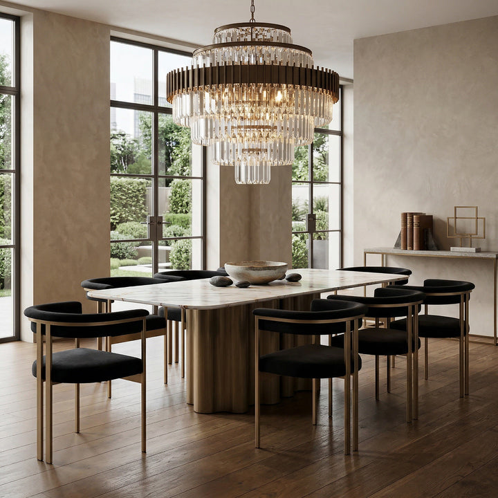 Black velvet Sheikh dining chair with sleek design and cushioned seat, perfect for modern dining rooms.