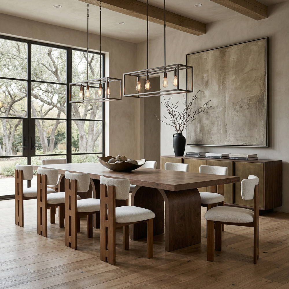 Walnut Triomphe Dining Table 2.4m with sleek surface, shown with matching walnut dining chairs and off-white background.