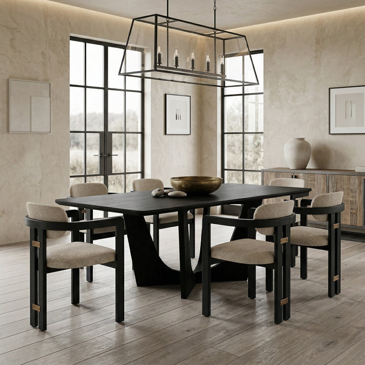 Beige Amira dining chair with sleek design, wooden legs, and upholstered seat, paired with a matching dining table.