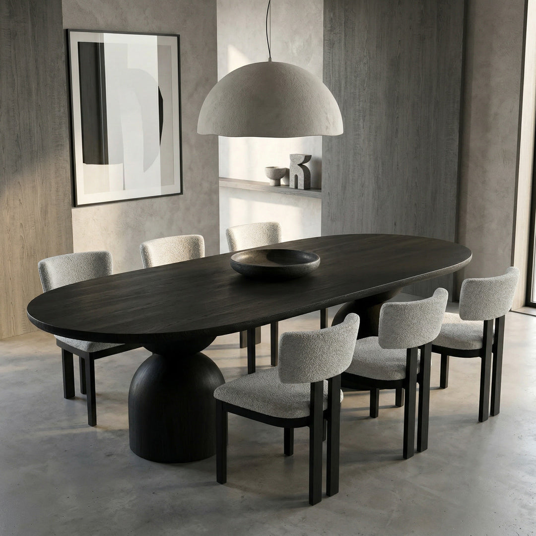 Black Tulip Oval Dining Table in black oak with matching dining chairs, 2.8 meters long, modern and elegant for dining spaces.