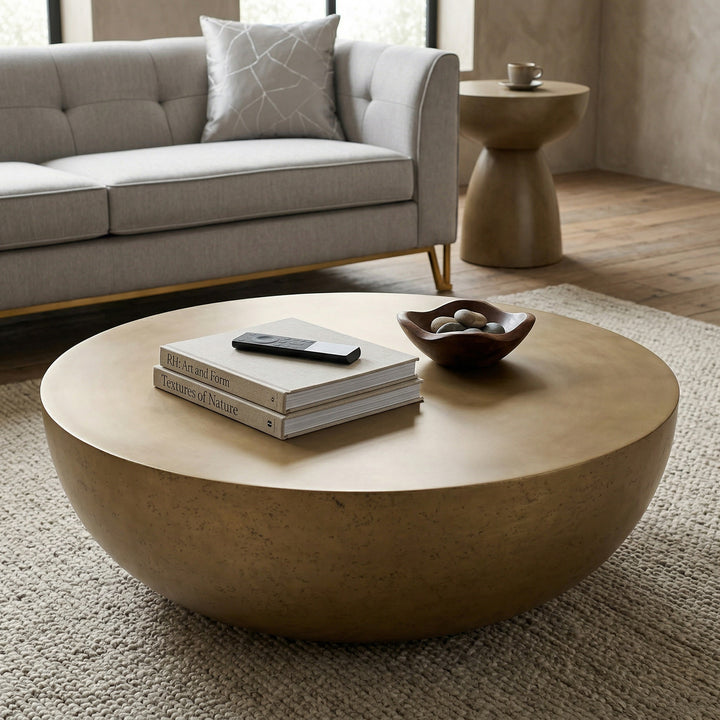 Large Katsura coffee table placed with matching side table, shown alongside a sofa in a modern living room setting.