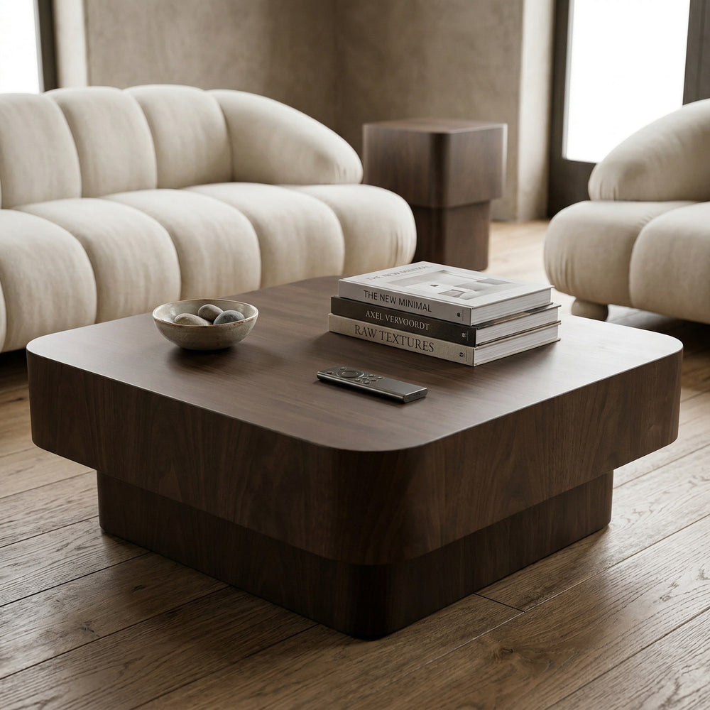 Modern nano banana-shaped coffee table from Piazza, shown with matching side table and sofa in a stylish living room setting.