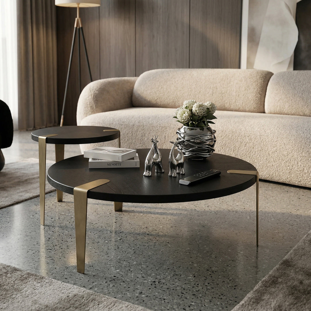Small Levante coffee table from a living room setup, featuring a modern design with a wooden finish, paired with a matching sofa.
