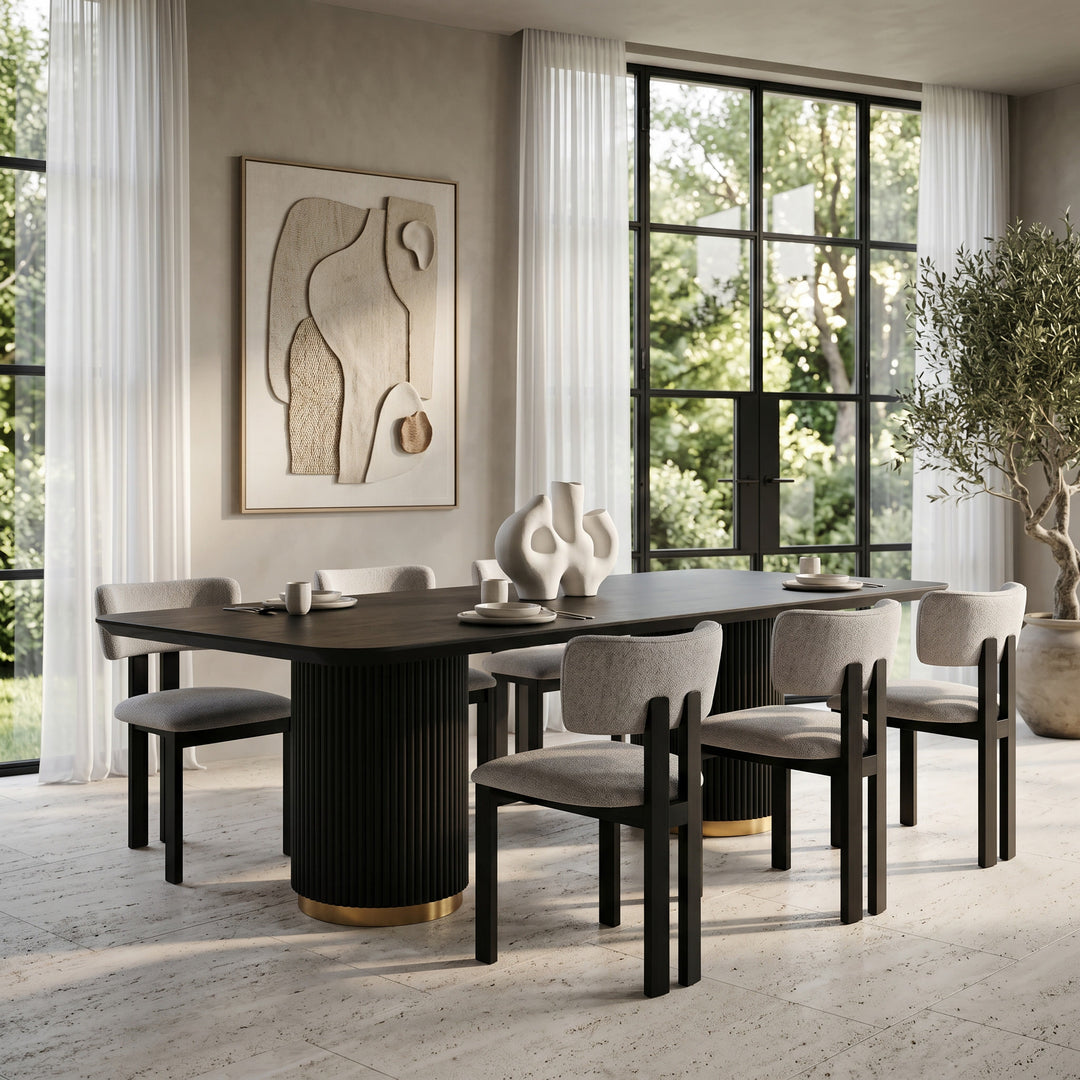 Photorealistic image of a luxurious Mirabella dining table, 2.4m long, with matching dining chairs, showcasing elegant wooden design.