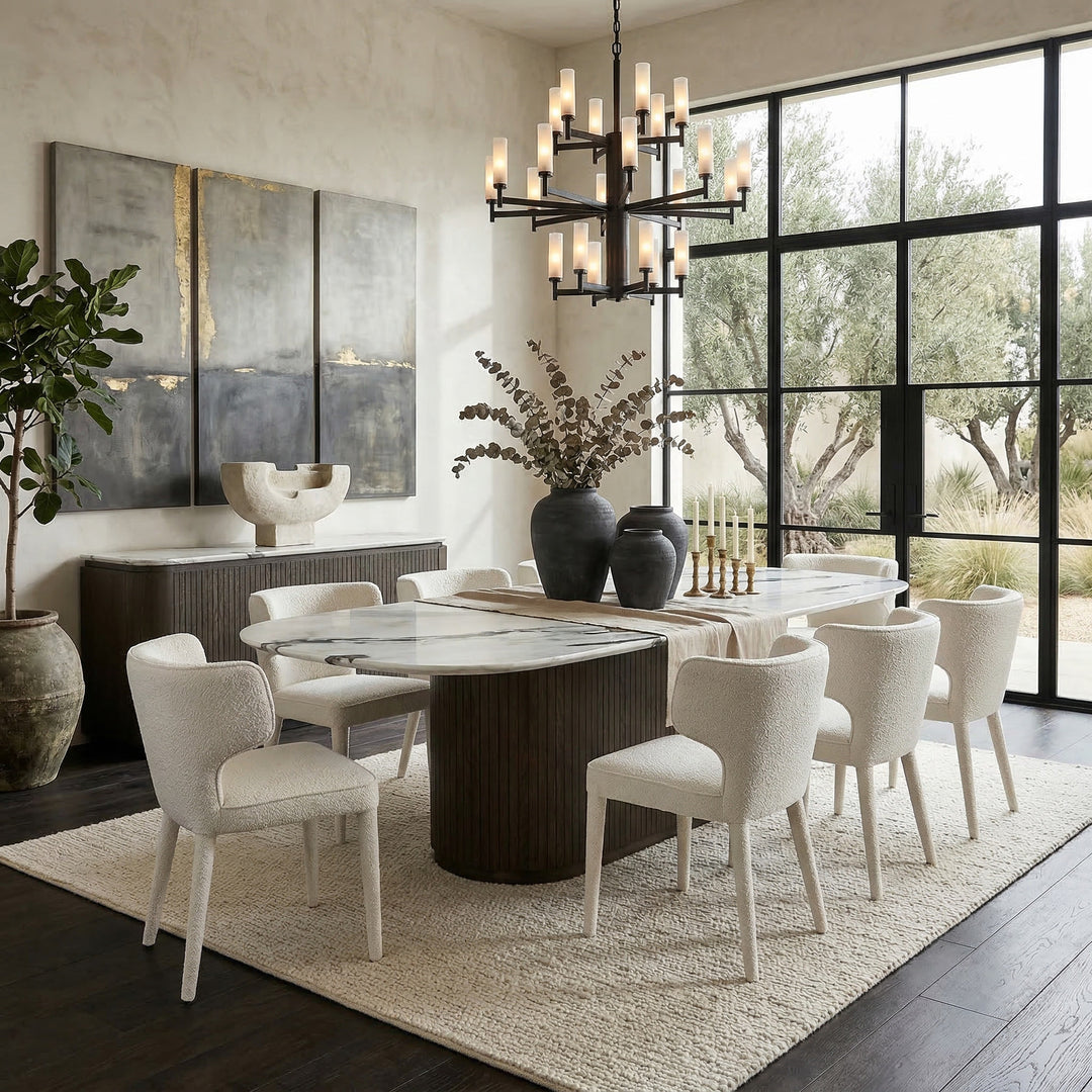 Bocelli 2.4m dining table with sleek wooden surface, shown with matching buffet in a modern dining room setting