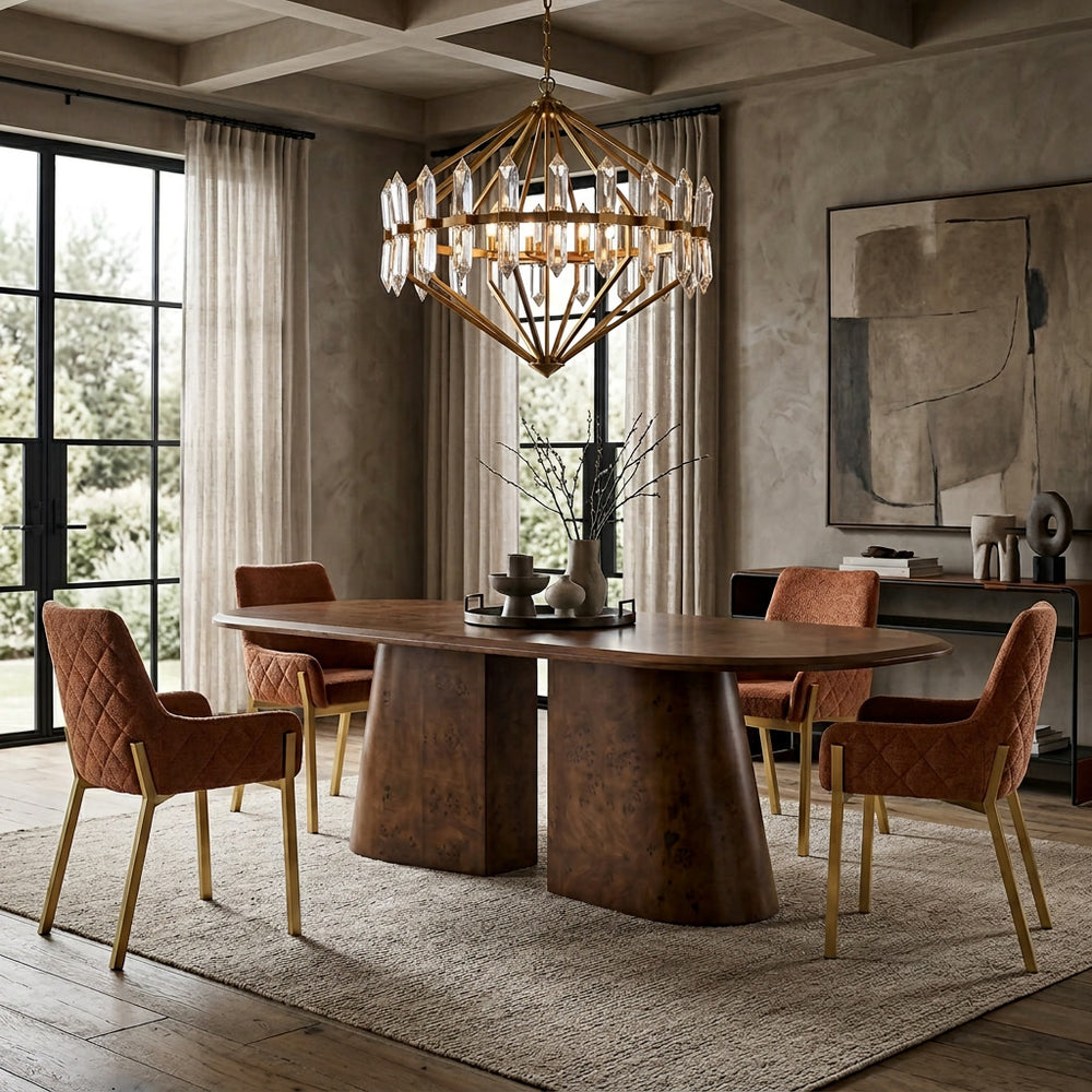 Vincentia 2.2m dining table in a modern dining room with chairs, wooden surface, and contemporary decor.