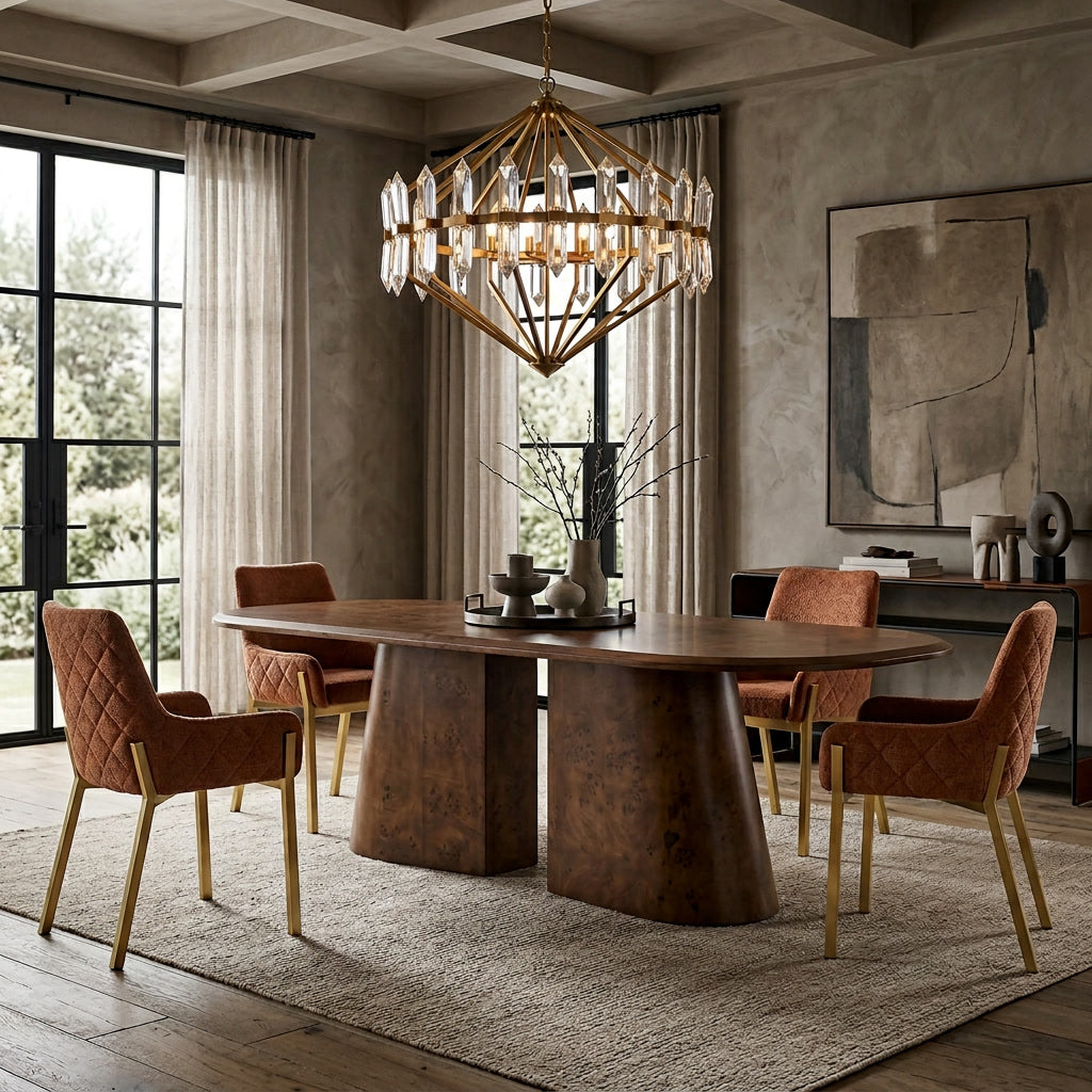 Vincentia 2.2m dining table in a modern dining room with wooden finish, surrounded by stylish chairs and contemporary decor.
