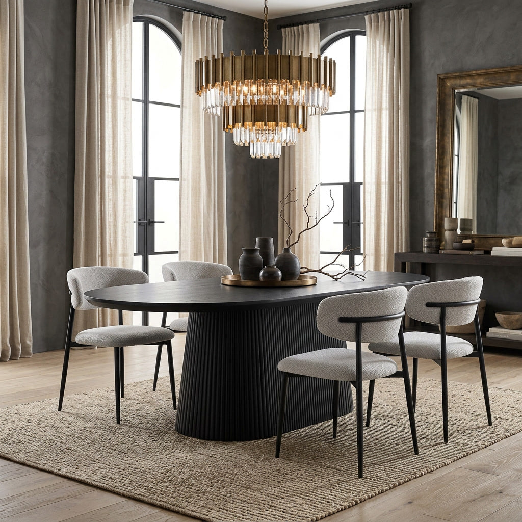 Beige Valentina dining chair with modern design, shown in a stylish dining room setting with a matching dining table.