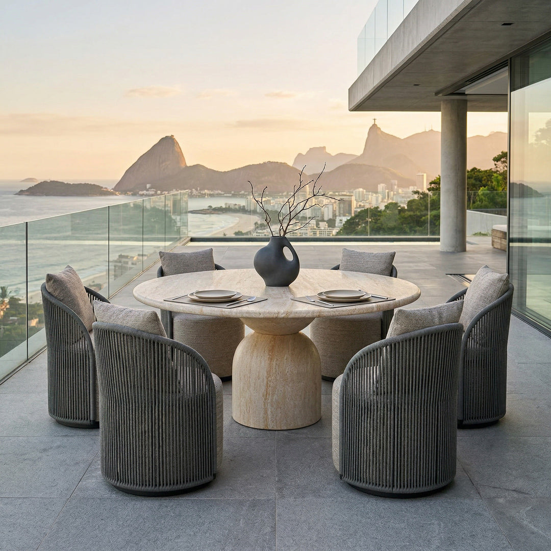 Grey Jardin outdoor dining chair with a modern design, shown alongside a round travertine outdoor dining table.