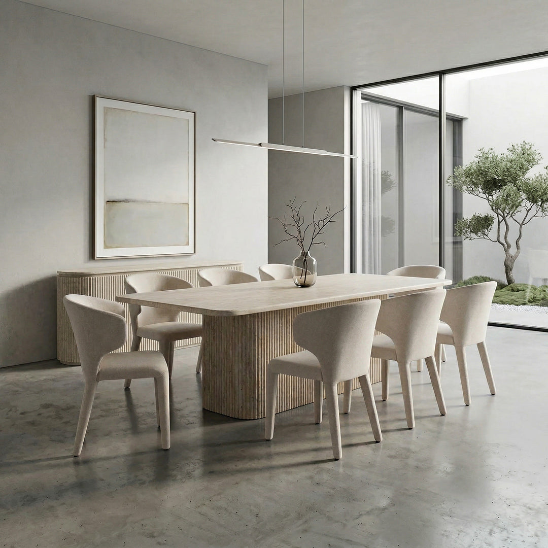 Travertine Tivoli Dining Table, 2.4m, showcasing a sleek, modern design with a smooth surface and sturdy base.