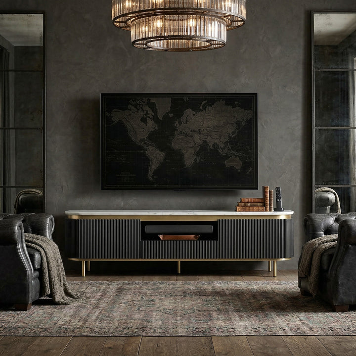 Black wood finish Siciliano entertainment unit with open shelves and cabinets, designed for TV and media storage.